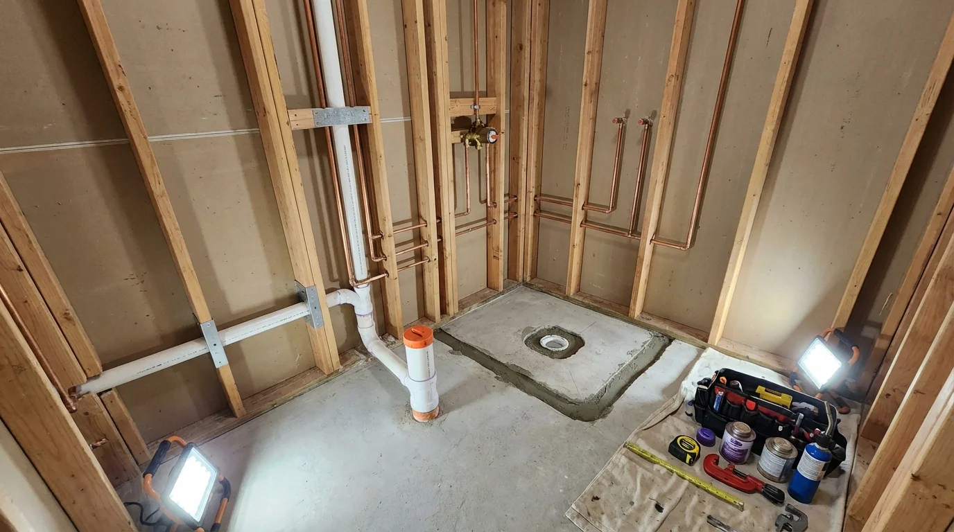 Bathroom rough-in plumbing during remodel by Johns Plumbing LLC in Cave Junction