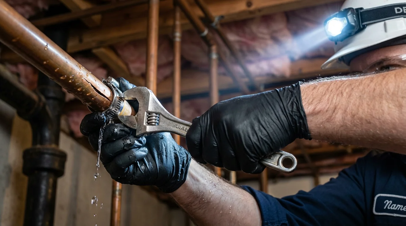 Emergency pipe clamp repair being performed by a Johns Plumbing LLC plumber in Cave Junction