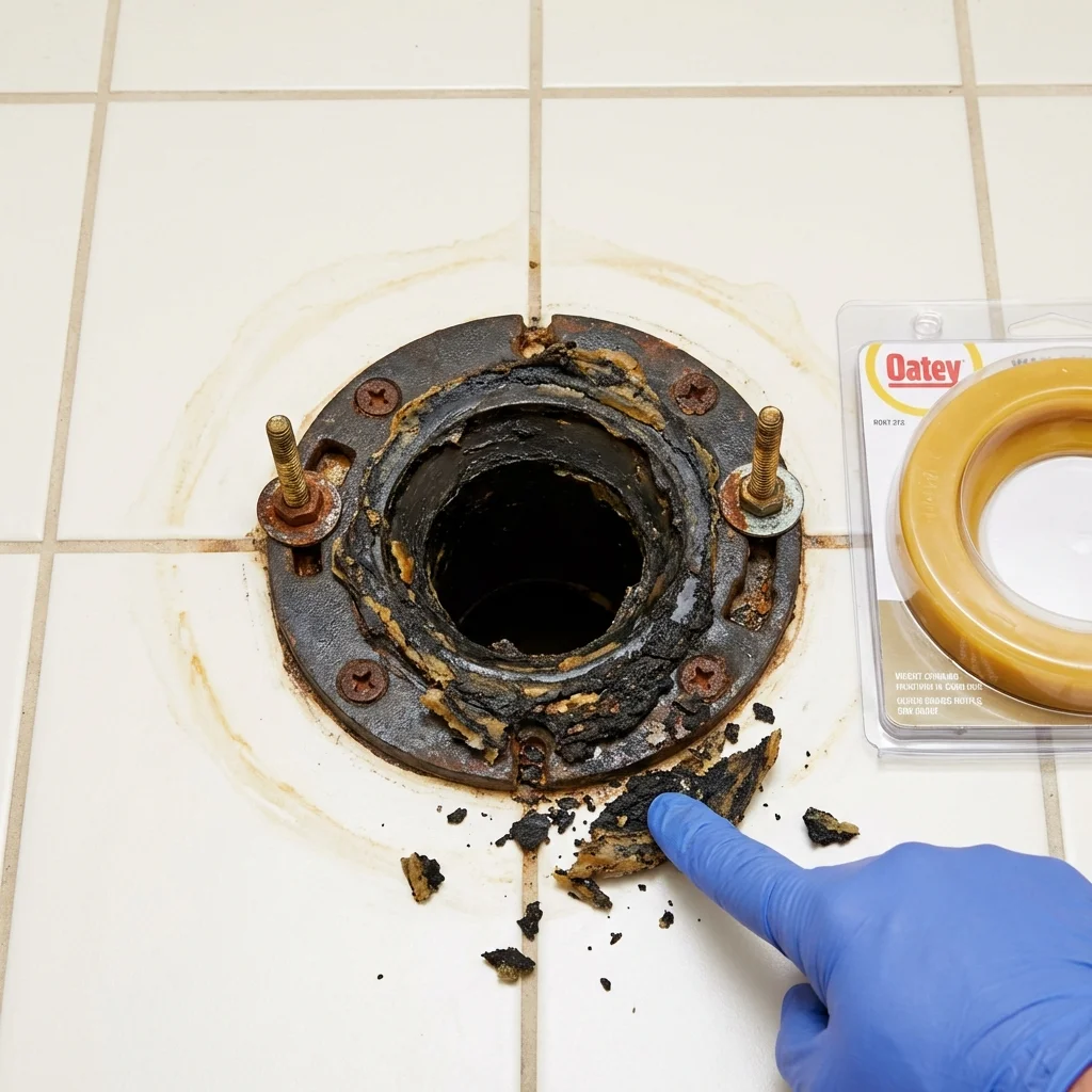 Failed wax ring showing water seepage at the base of a toilet in a Cave Junction, OR home
