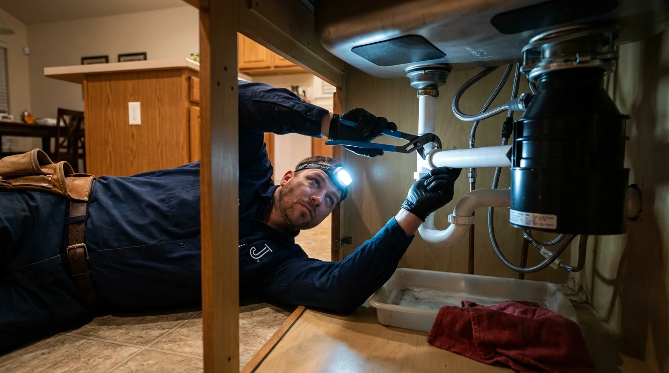 P-trap and supply line connections under a kitchen sink showing a common leak point in Cave Junction, OR